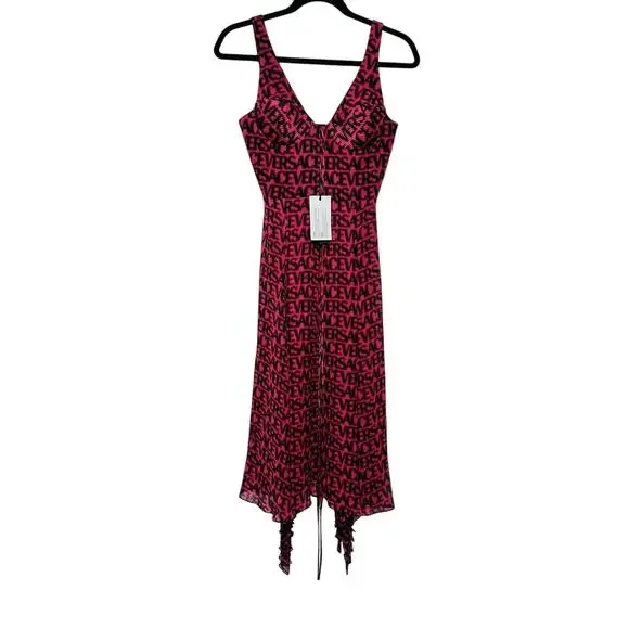NWT Versace Runway Plisse Silk Dress IT 44 US 8 All Over Logo Red Black $5,425